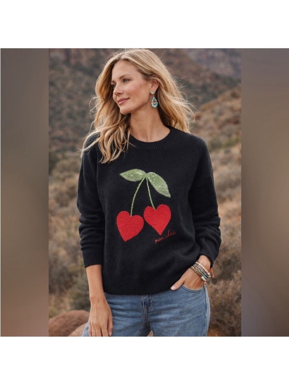 Anthropologie Calligraphie Black Novelty Sweater Red Cherry Design Sequins Sz L
